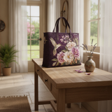 Bolso de Hombro Acolchado Morado con Colibrí y Orquídeas