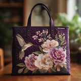 Bolso de Hombro Acolchado Morado con Colibrí y Orquídeas
